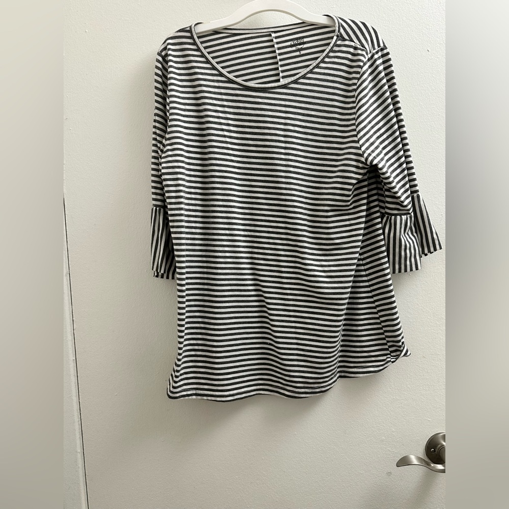 Grey& white striped, tickled teal, small shirt